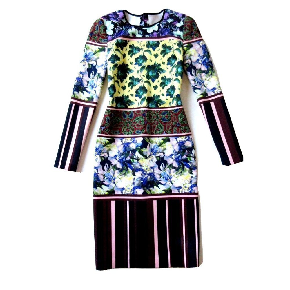 Clover Canyon Floral Collage Long Sleeve Neoprene Stretch Scuba Sheath Dress XS
